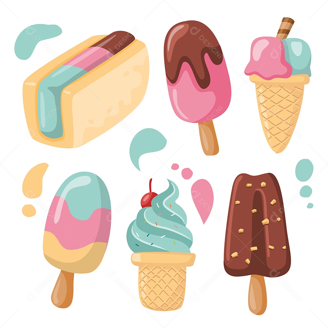 Conjunto de vários sorvetes em vetor de estilo cartoon Vetor EPS