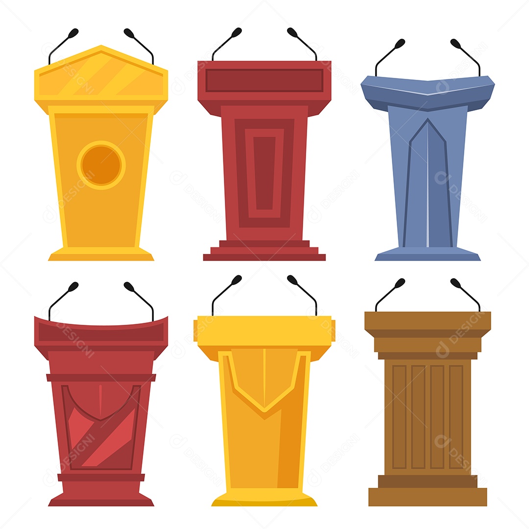 Conjunto de pódio diferente com vetor de estilo de desenho de microfone Vetor EPS