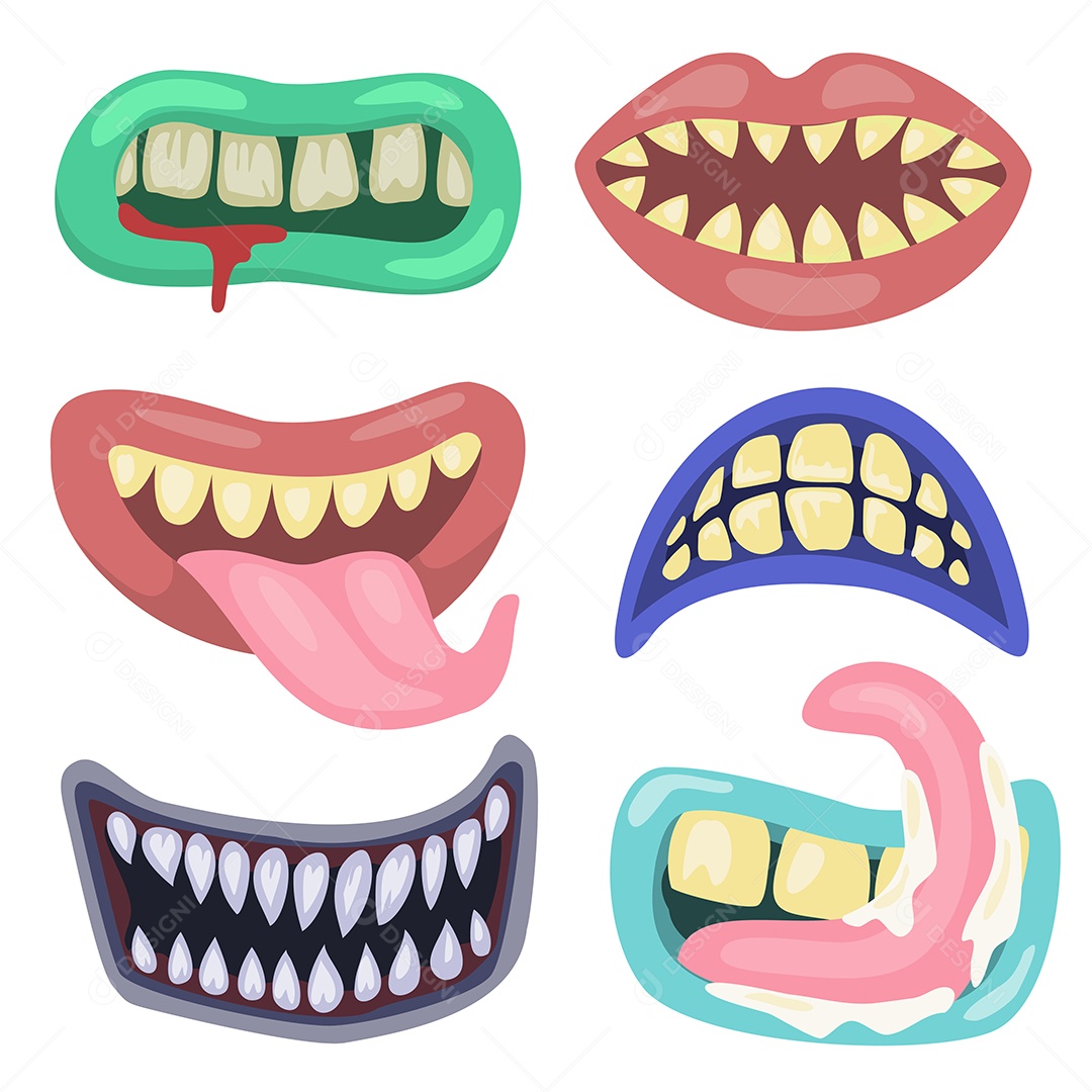 Conjunto de diferentes monstros de bocas assustadoras e horrorosas Vetor EPS