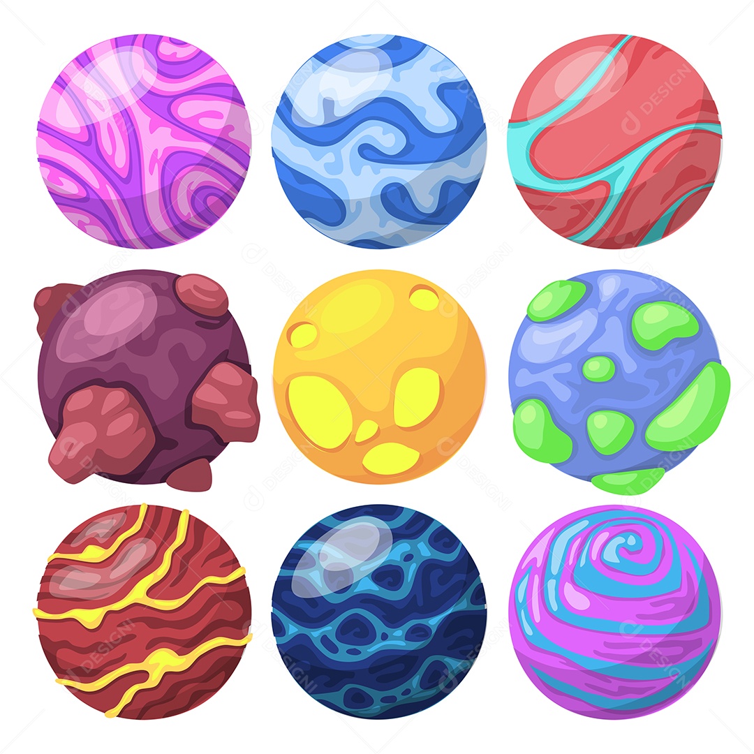 Ampla gama de designs de planetas espaciais para produzir desenhos animados e jogos Vetor EPS