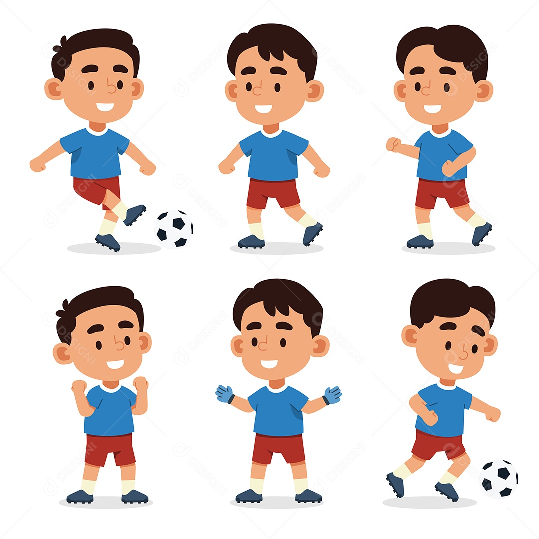 Conjunto de meninos bonitos do futebol atleta com bola em ação diferente Vetor EPS