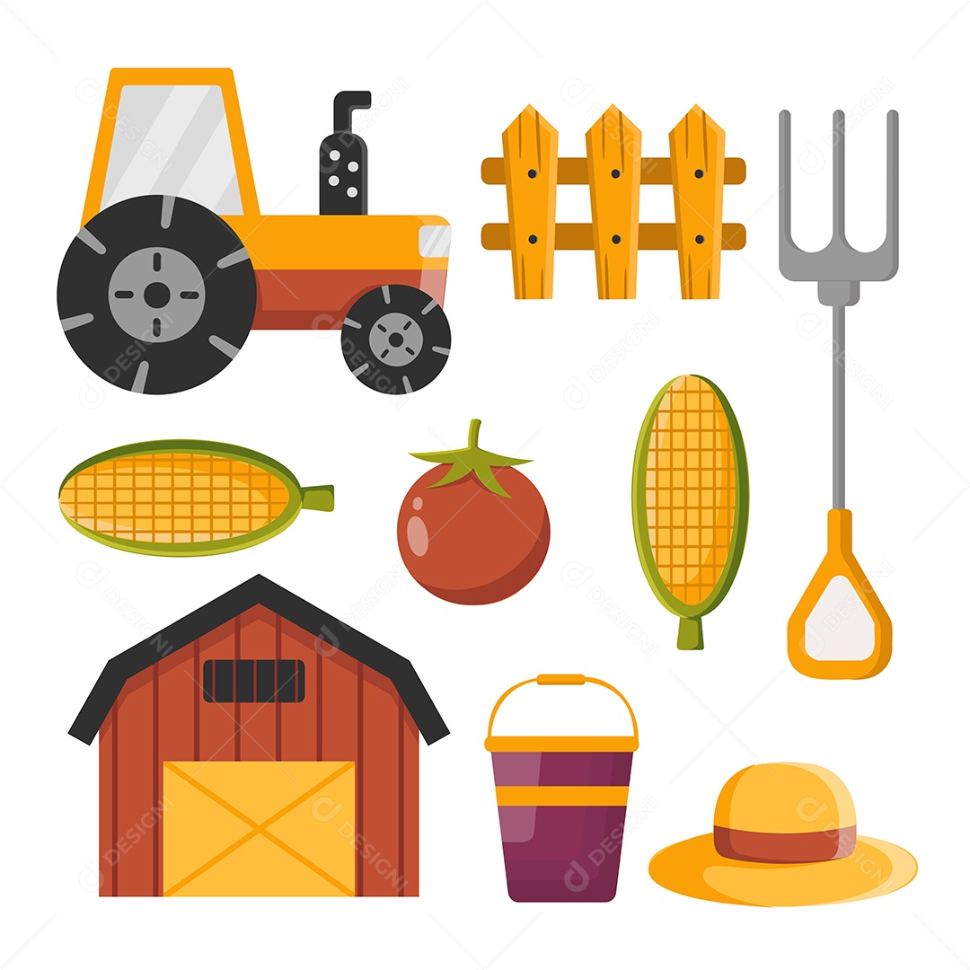 Conjunto de equipamentos agrícolas em estilo cartoon Vetor EPS