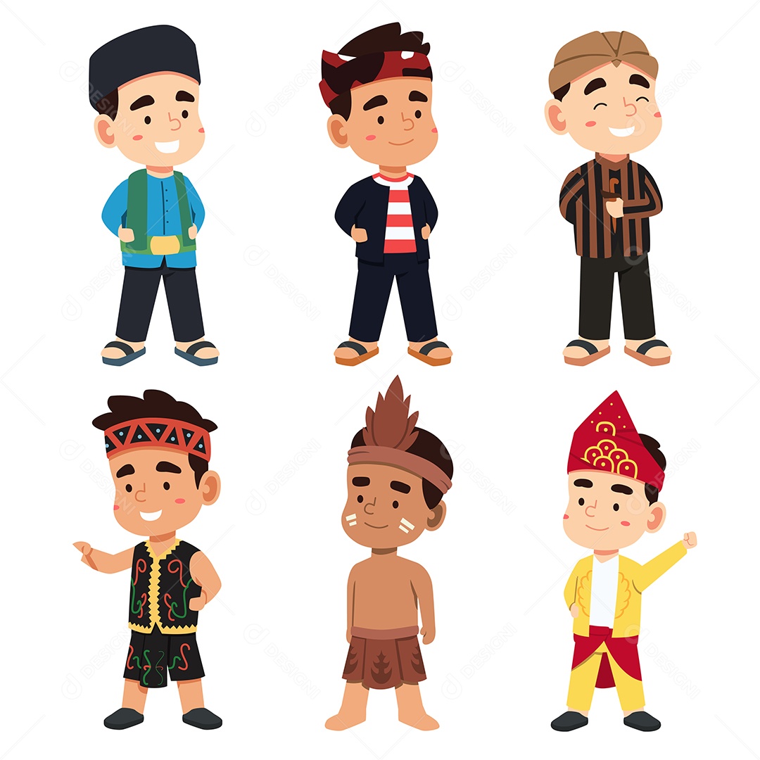 Conjunto de jovens indonésios vestindo trajes tradicionais Vetor EPS