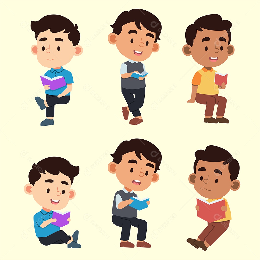 Conjunto de meninos adoráveis ​​lendo livro com várias ações Vetor EPS