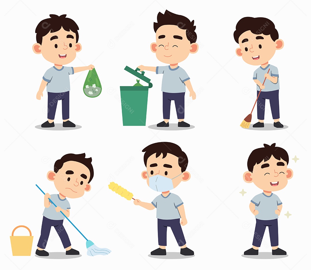 Jovem com vetor de personagem de desenho animado de ferramentas de limpeza Vetor EPS