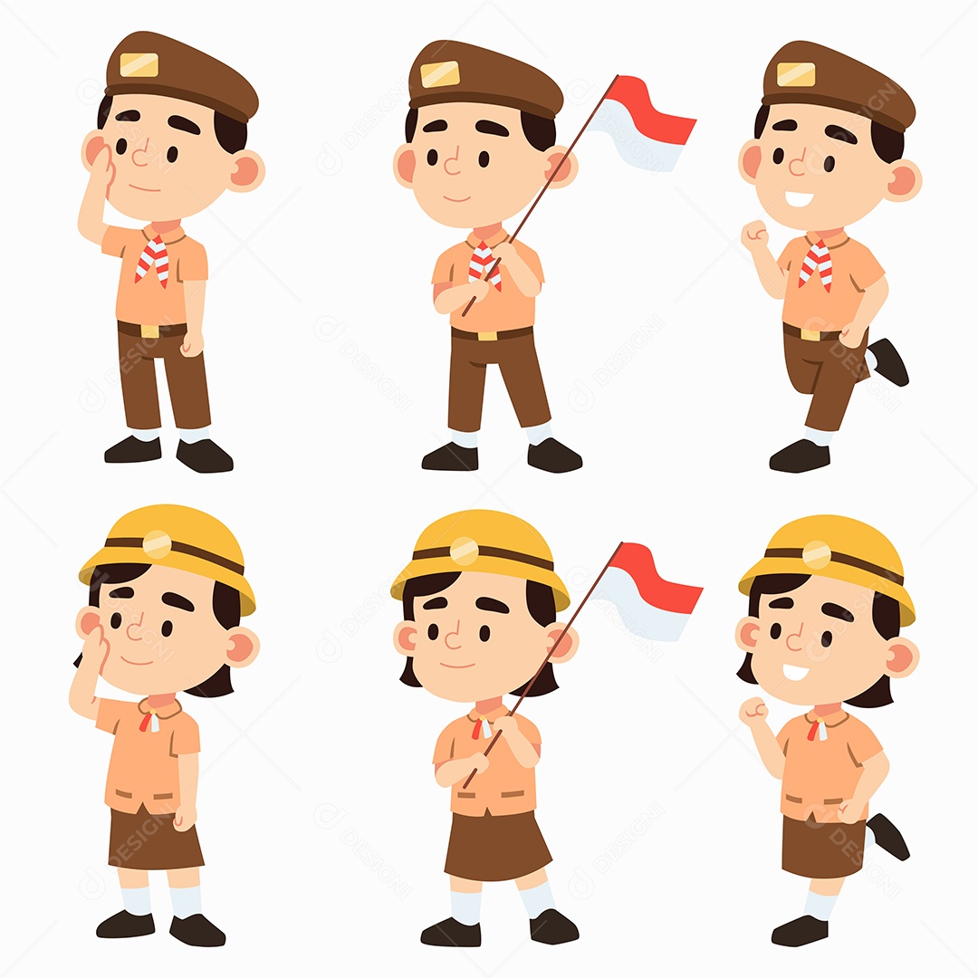 Conjunto de feliz escoteiro e escoteira em várias ações Vetor EPS