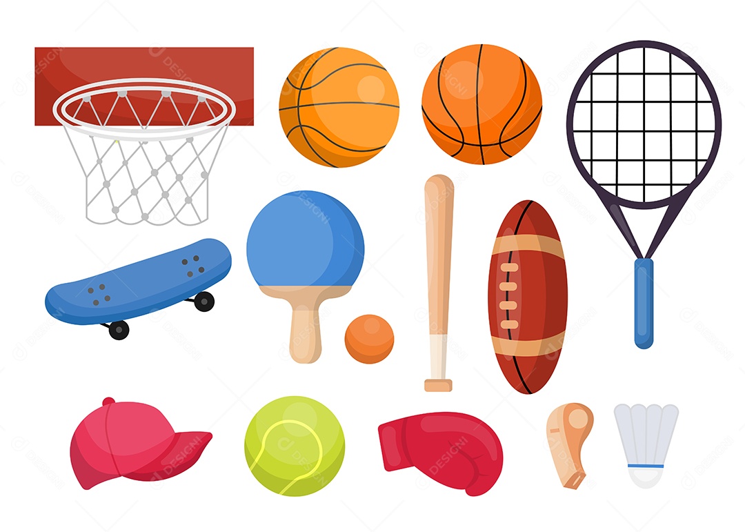 Conjunto de vários vetores de desenho de equipamentos esportivos em fundo branco Vetor EPS