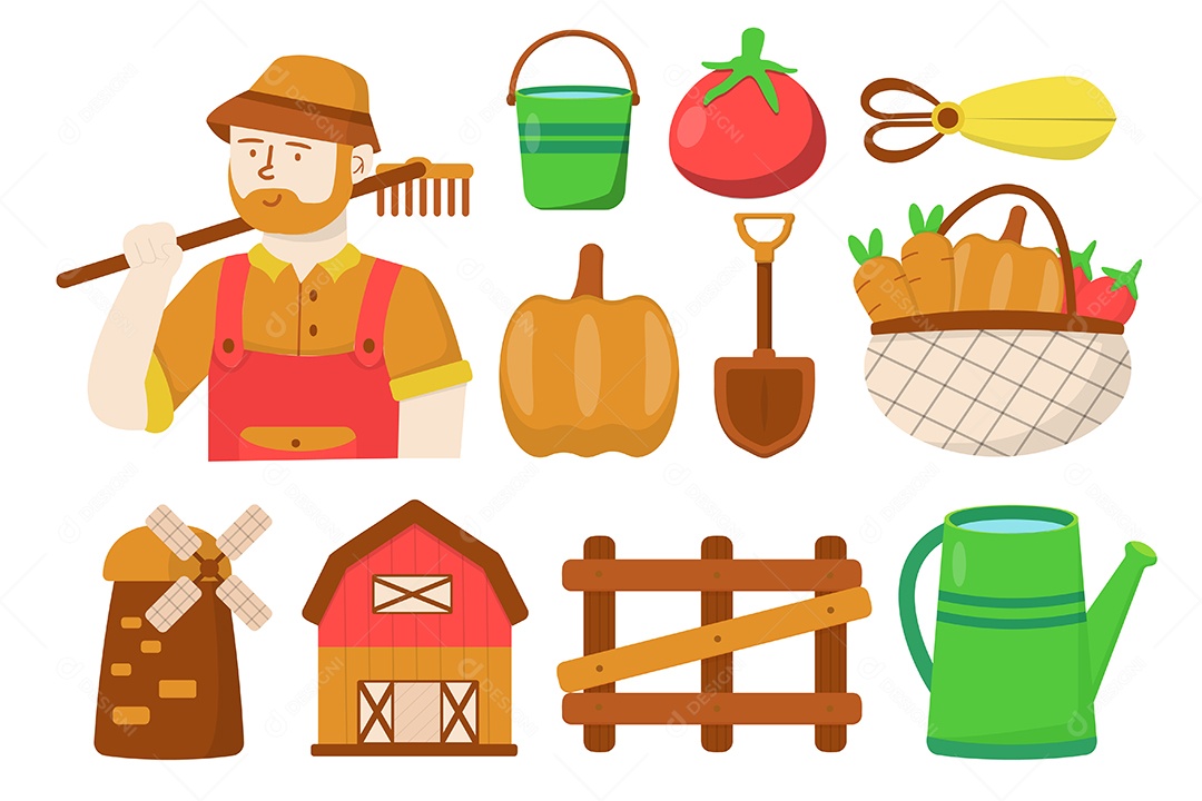 Jovem agricultor com elemento agrícola no estilo cartoon Vetor EPS