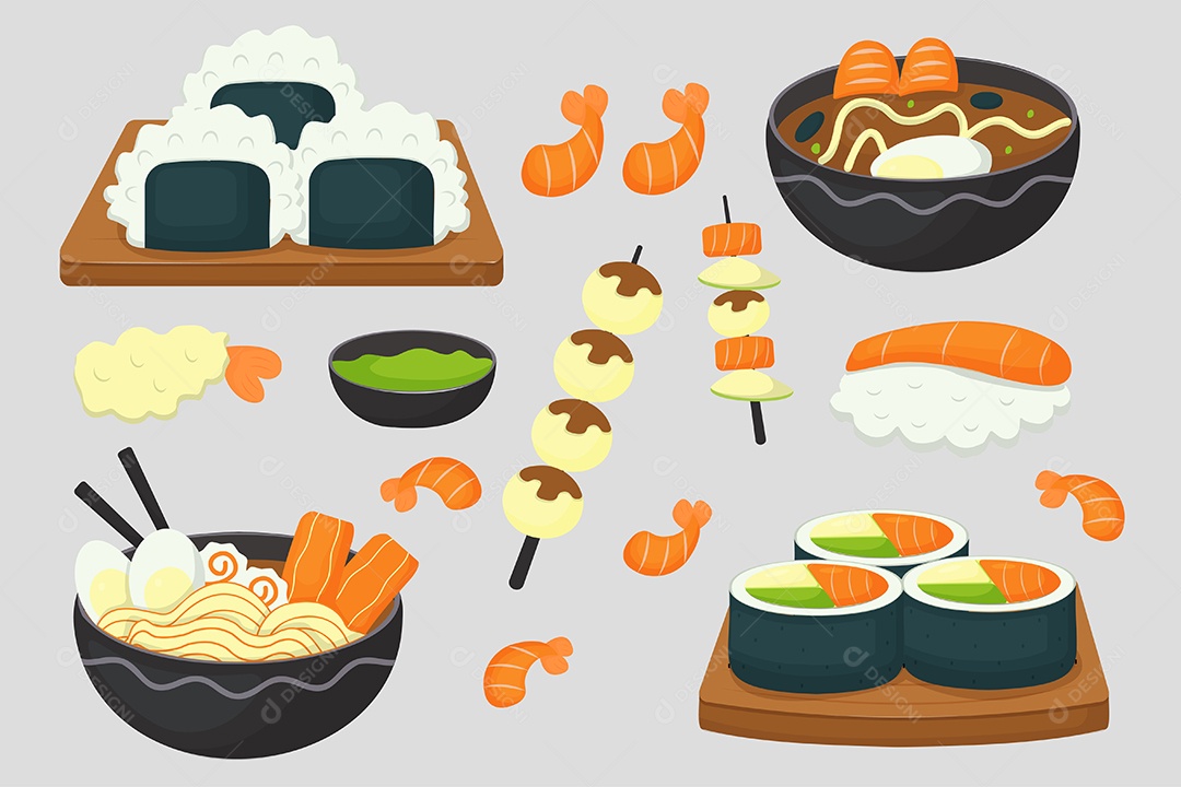 Conjunto de vários desenhos de comida japonesa em estilo cartoon Vetor EPS
