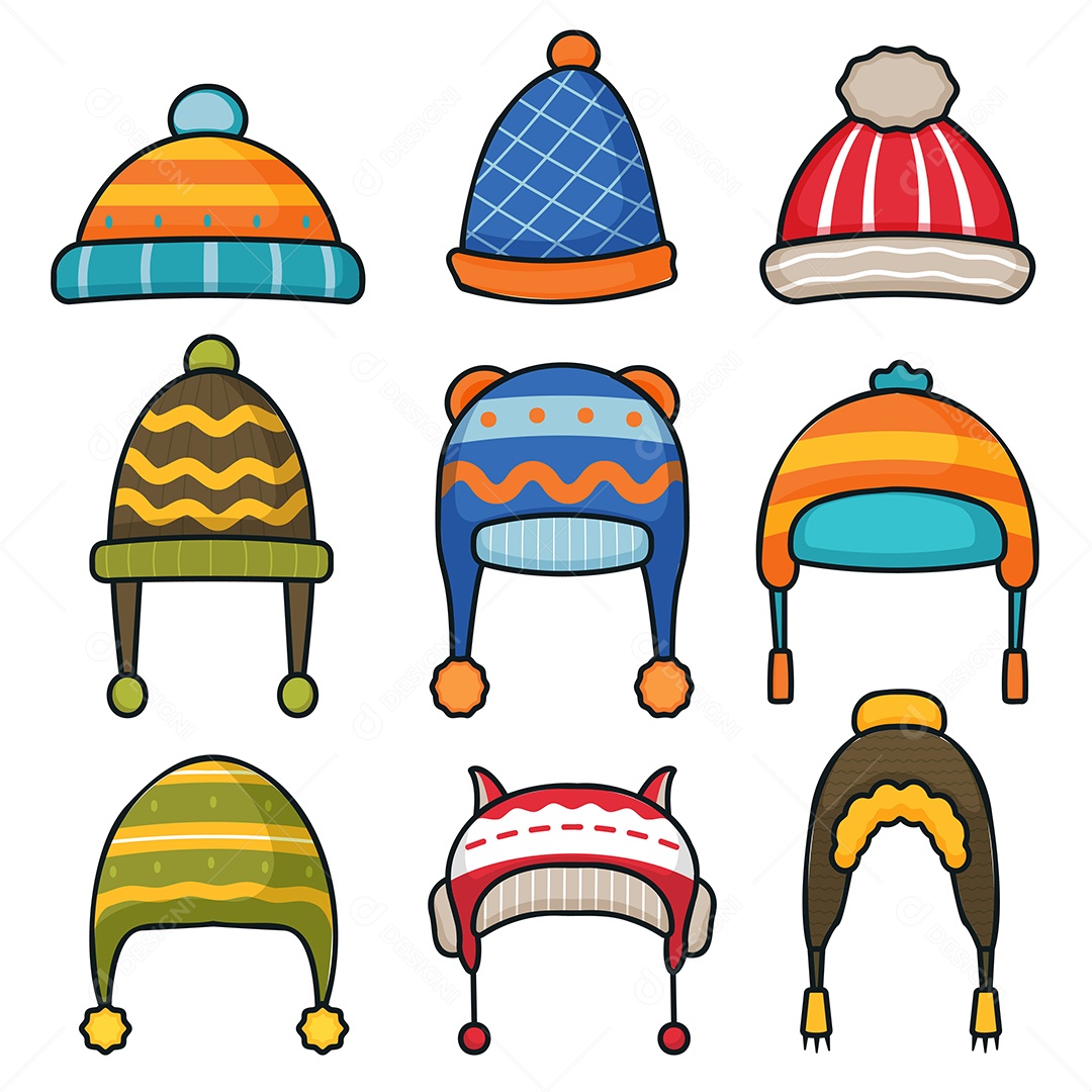 Conjunto de vários lindos chapéus de malha ou chapéus de inverno Vetor EPS
