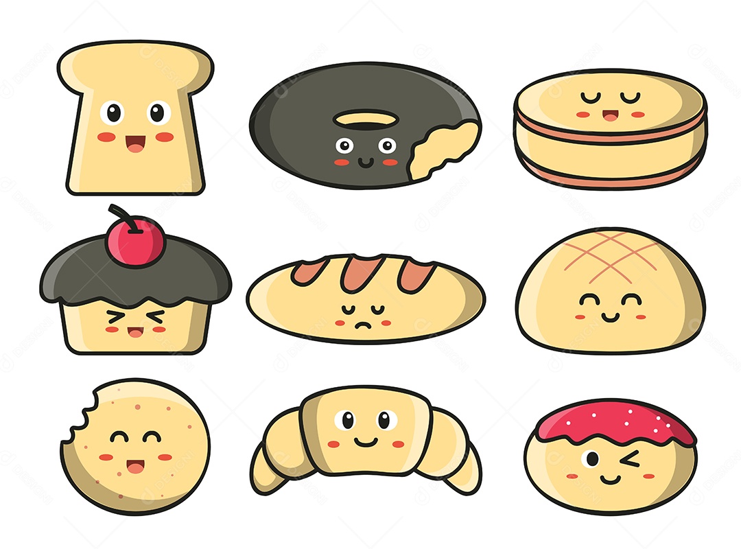 Conjunto de vários pães e padarias em estilo cartoon Vetor EPS