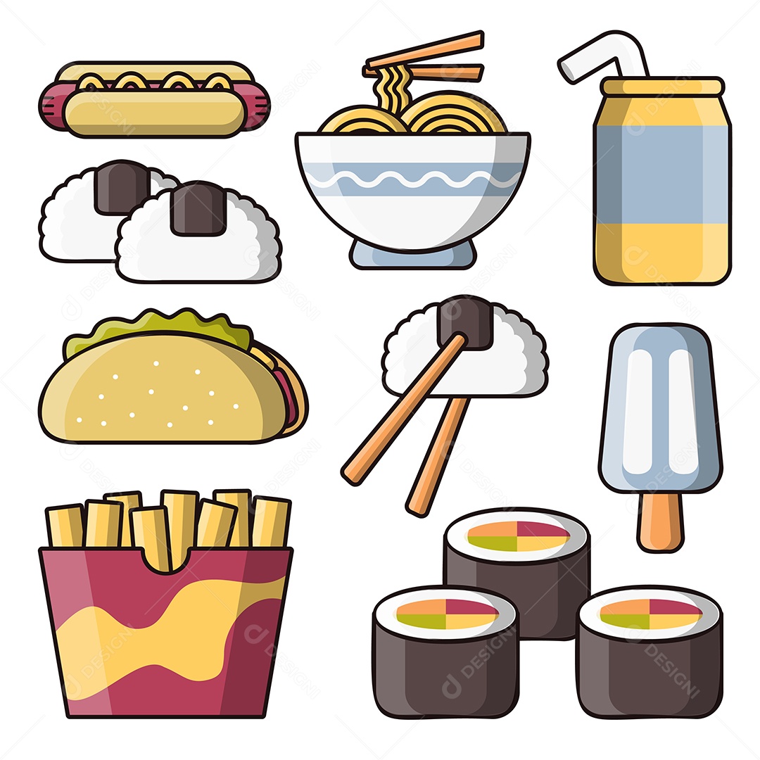 Conjunto de vários fast food e bebidas Vetor EPS