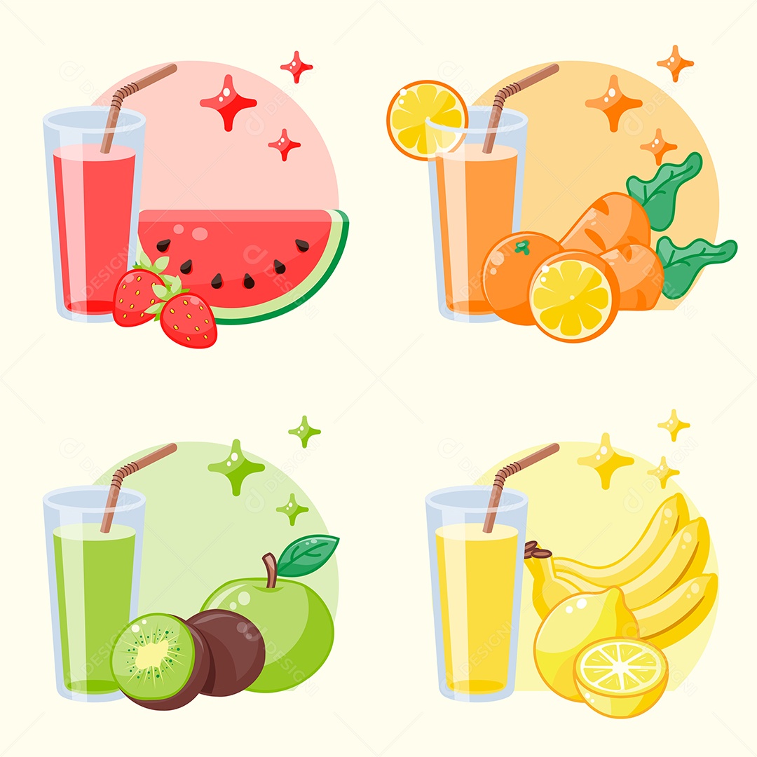 Um conjunto de copos com suco, frutas e legumes vários Vetor EPS