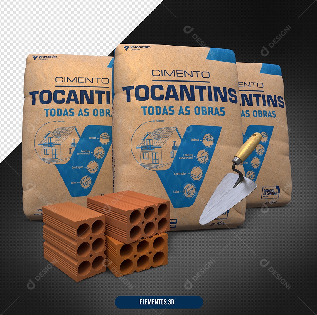 Cimento Tijolos e Colher Elemento 3D De Materiais De Construção Para Composição PSD