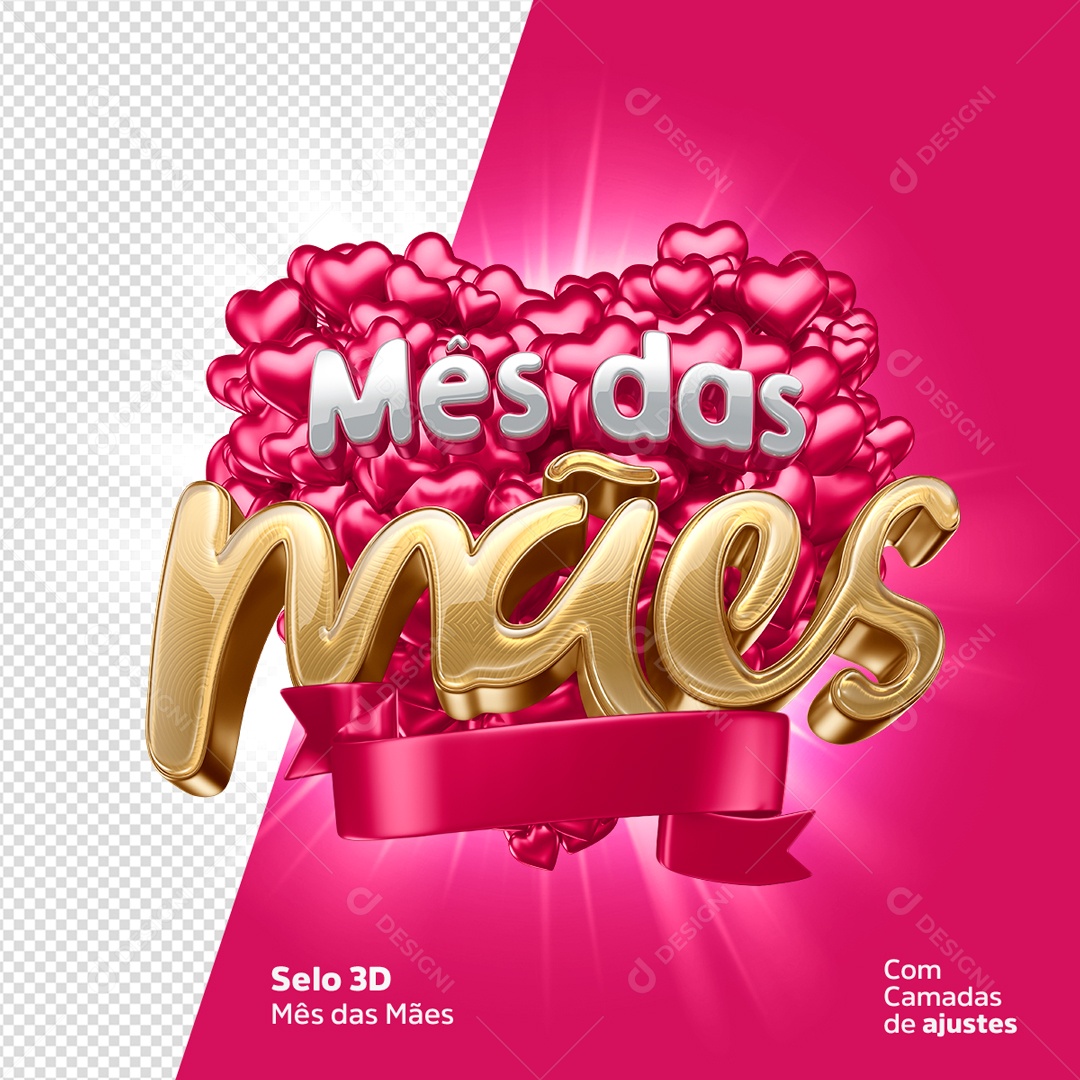 Selo 3D Rosa Mês Das Mães Corações PSD Editavel