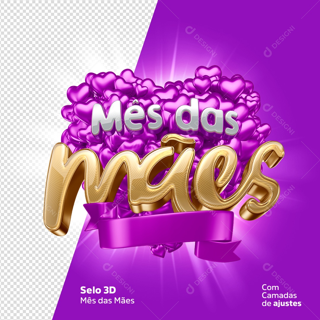 Selo 3D Roxo Mês Das Mães Corações PSD Editavel