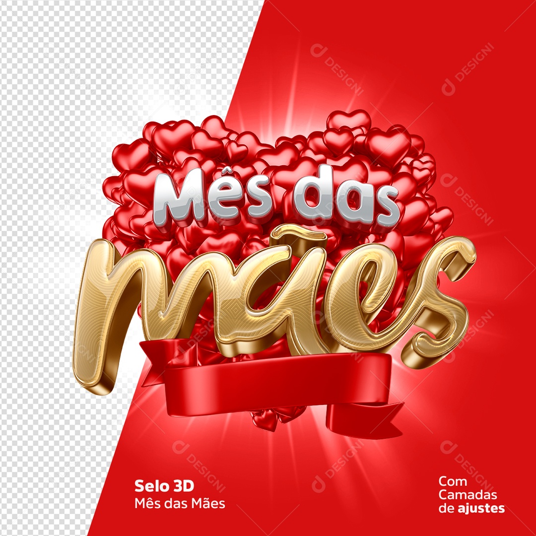 Selo 3D Vermelho Mês Das Mães Corações PSD Editavel