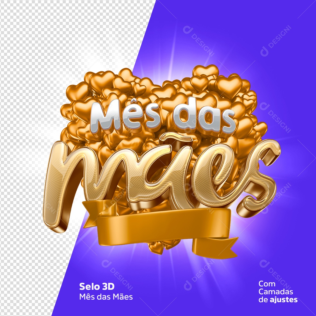 Selo 3D Amarelo Mês Das Mães Corações PSD Editavel
