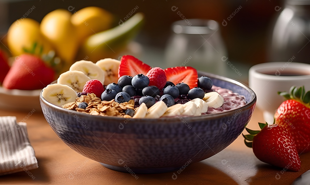 tigela De Açaí Com Morangos Sobre A Mesa