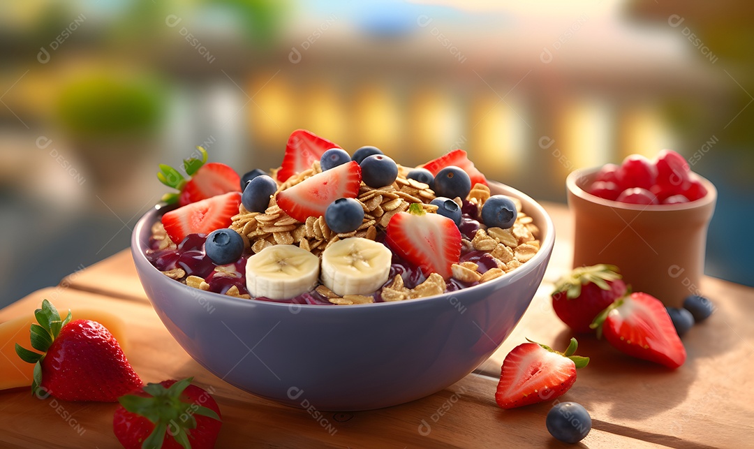 tigela De Açaí Com Morangos Sobre A Mesa