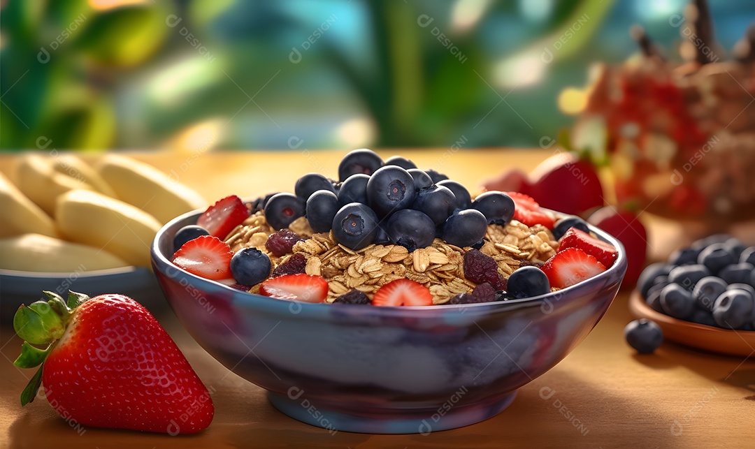 tigela De Açaí Com Morangos Sobre A Mesa