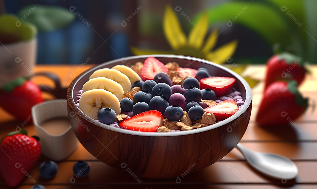 Deliciosa e saboroso Tigela de açaí sobre uma mesa de açaíteria