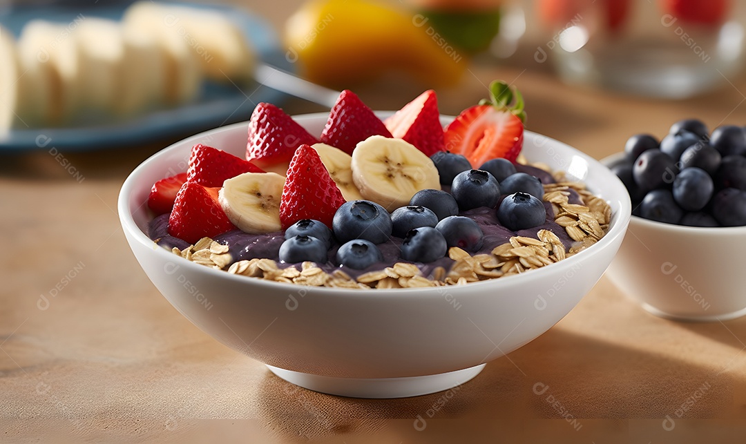 Deliciosa e saboroso Tigela de açaí sobre uma mesa de açaíteria