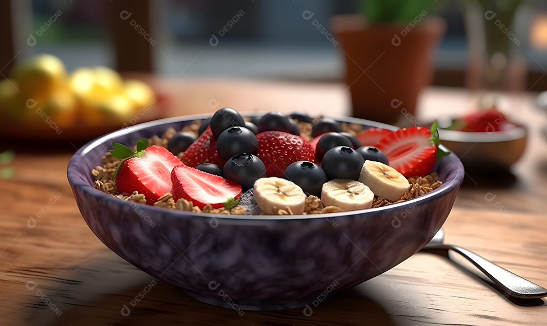Deliciosa e saboroso Tigela de açaí sobre uma mesa de açaíteria