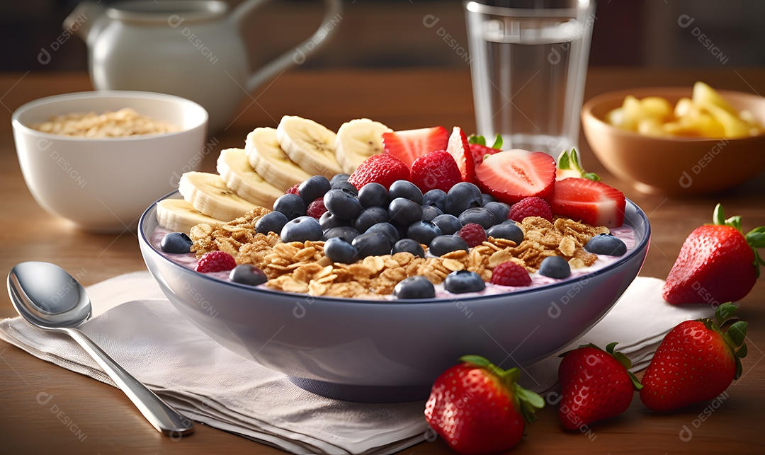 Deliciosa e saboroso Tigela de açaí sobre uma mesa de açaíteria