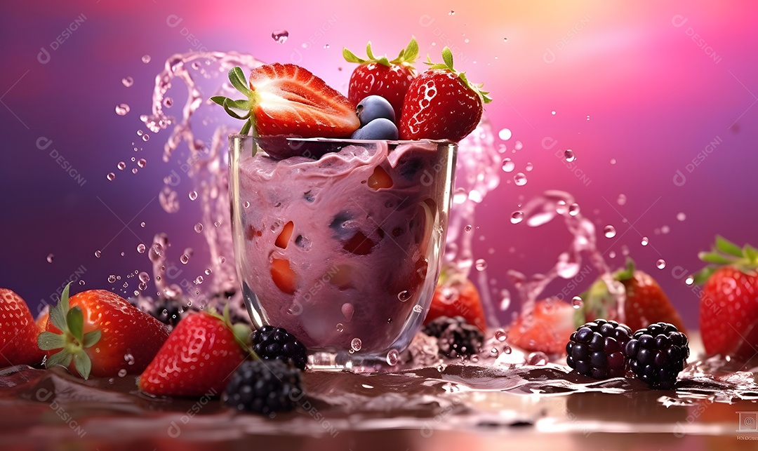 Copo de vidro salada de frutas sobre uma mesa de madeira