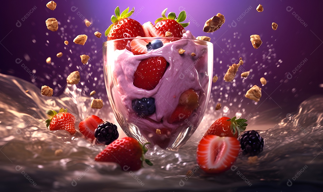 Copo de vidro salada de frutas sobre uma mesa de madeira