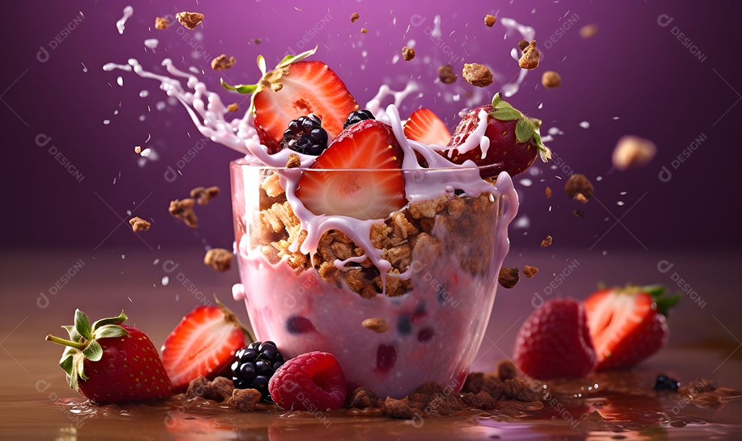 Copo de vidro salada de frutas sobre uma mesa de madeira