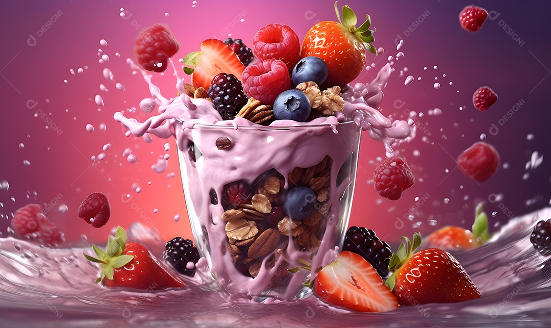 Copo de vidro salada de frutas sobre uma mesa de madeira