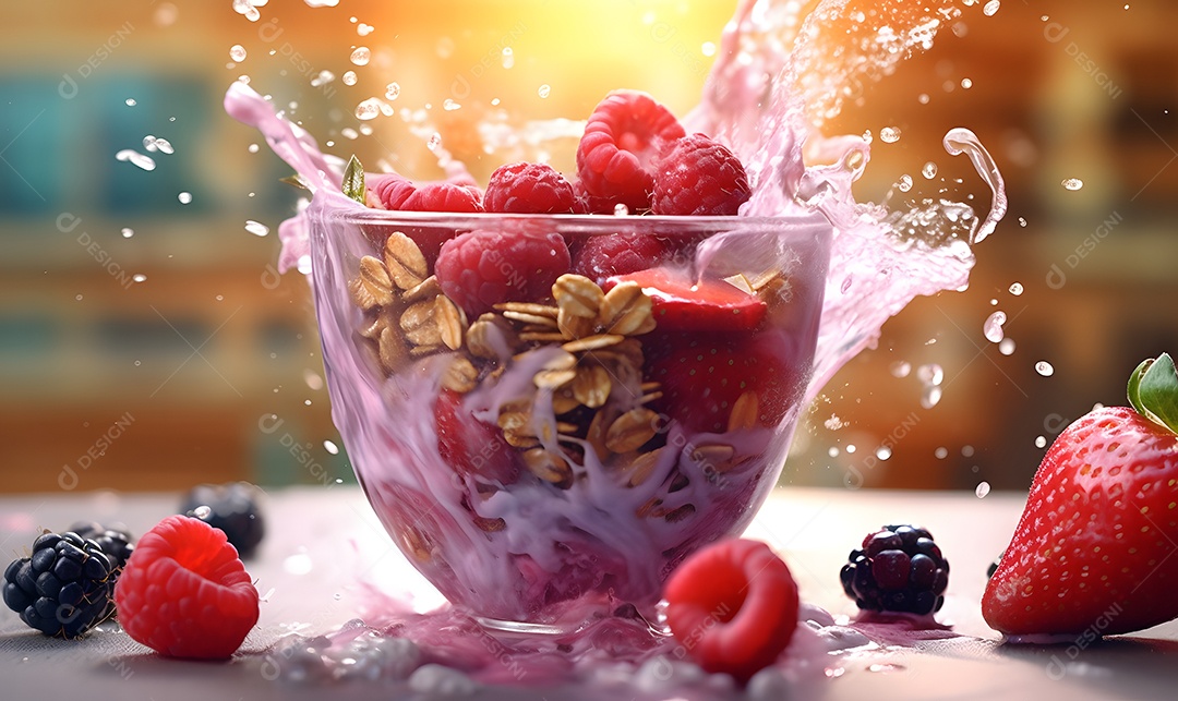 Copo de vidro salada de frutas sobre uma mesa de madeira