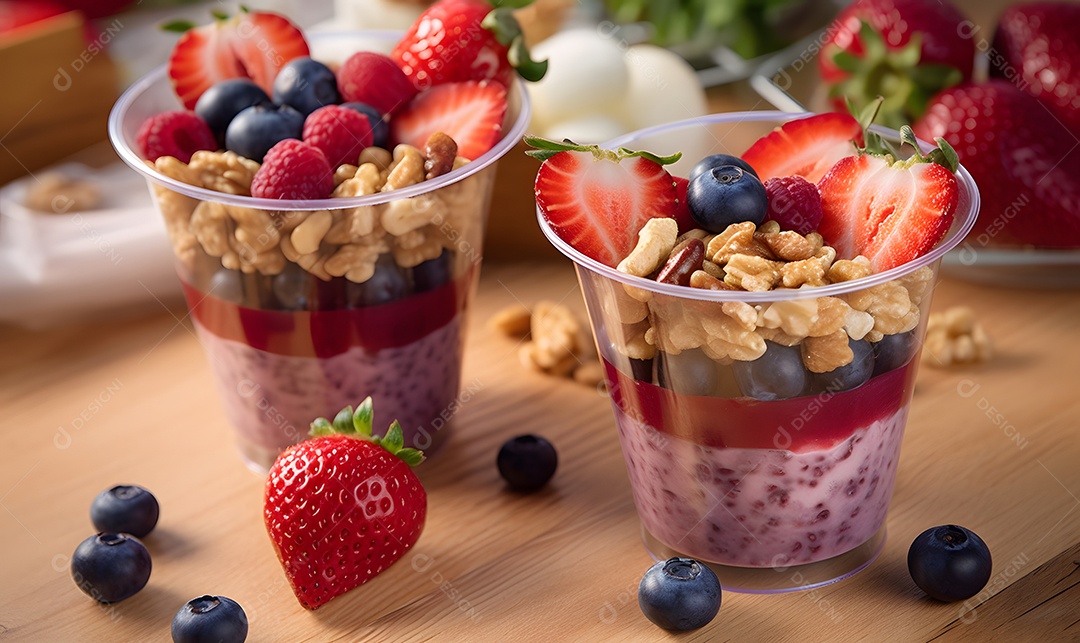Copo de vidro salada de frutas sobre uma mesa de madeira