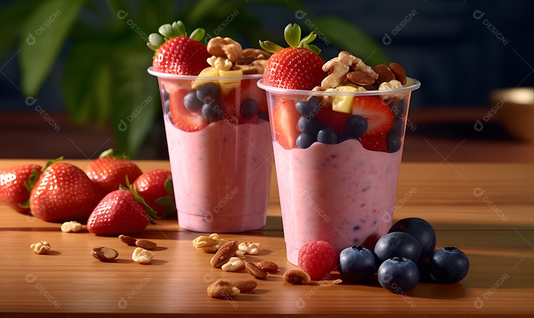 Copo de vidro salada de frutas sobre uma mesa de madeira