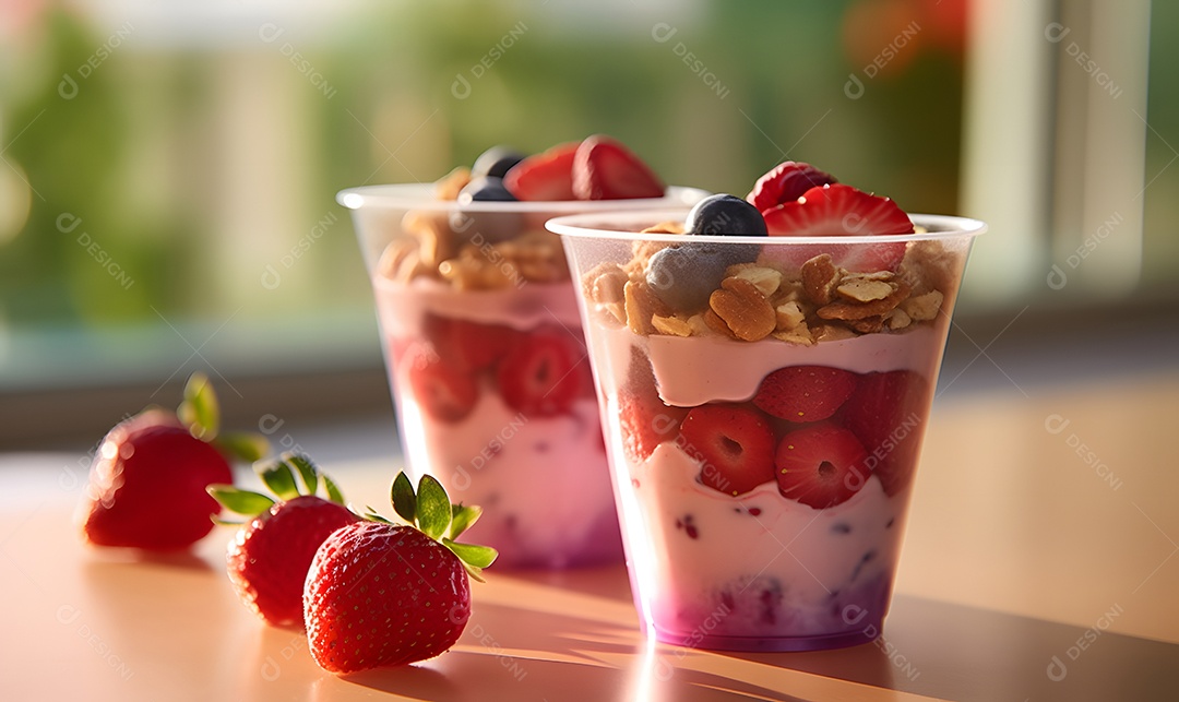 Copo de vidro salada de frutas sobre uma mesa de madeira