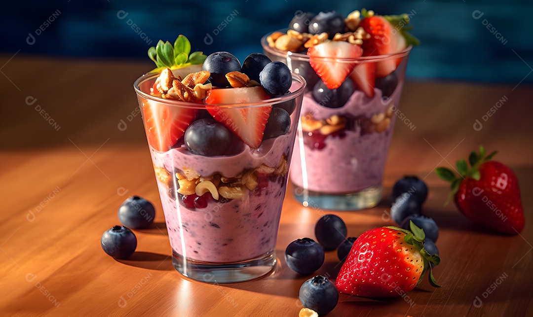Copo de vidro salada de frutas sobre uma mesa de madeira