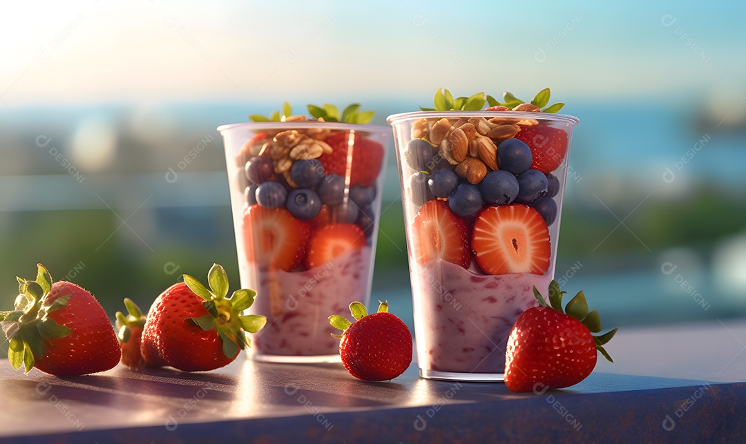 Copo de vidro salada de frutas sobre uma mesa de madeira