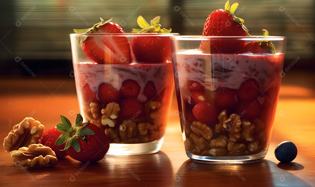 Copo de vidro salada de frutas sobre uma mesa de madeira