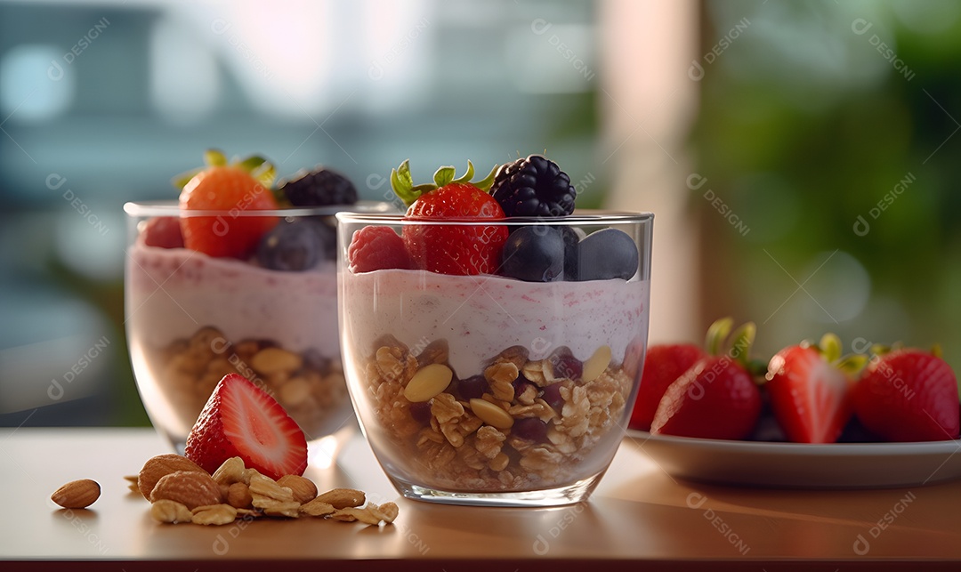 Copo de vidro salada de frutas sobre uma mesa de madeira