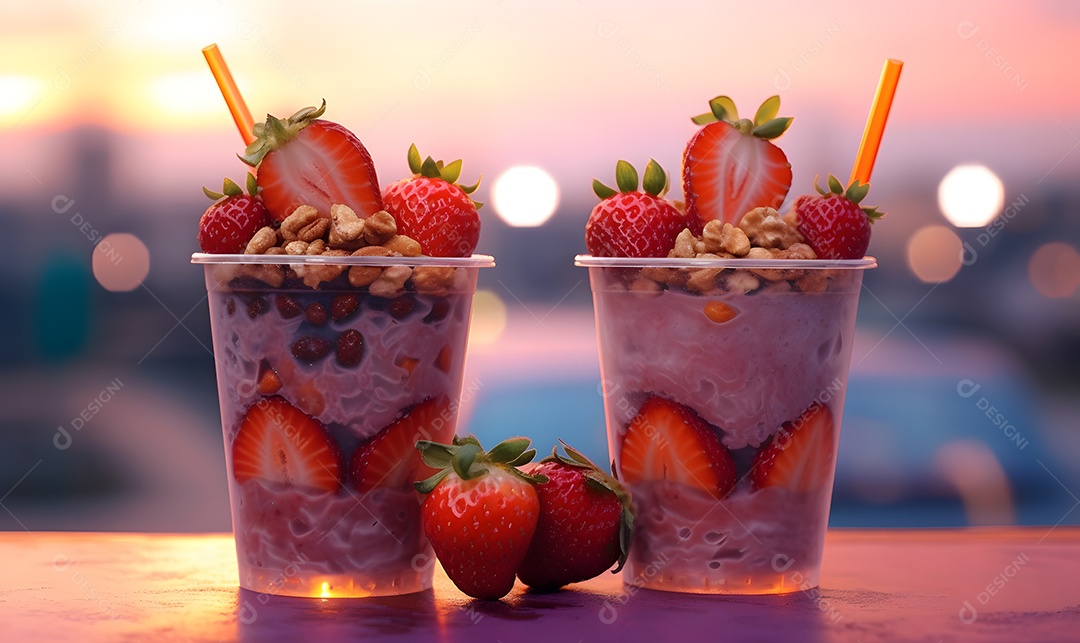 Copo de vidro salada de frutas sobre uma mesa de madeira