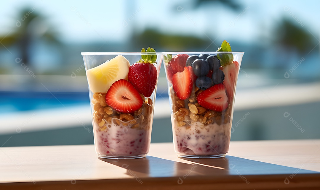 Copo de vidro salada de frutas sobre uma mesa de madeira