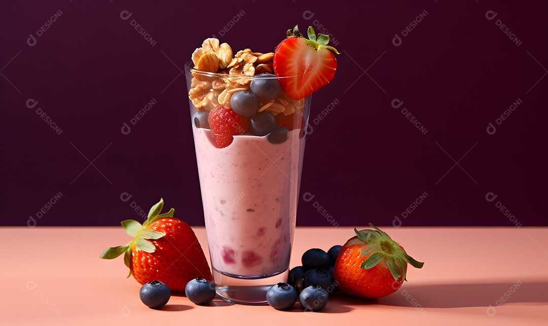 Copo de vidro salada de frutas sobre uma mesa de madeira