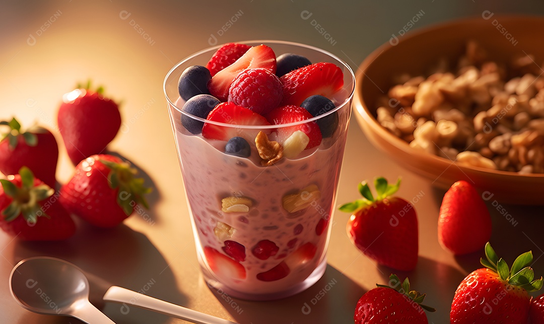 Copo de vidro salada de frutas sobre uma mesa de madeira