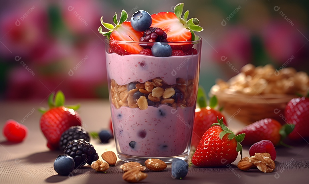 Copo de vidro salada de frutas sobre uma mesa de madeira