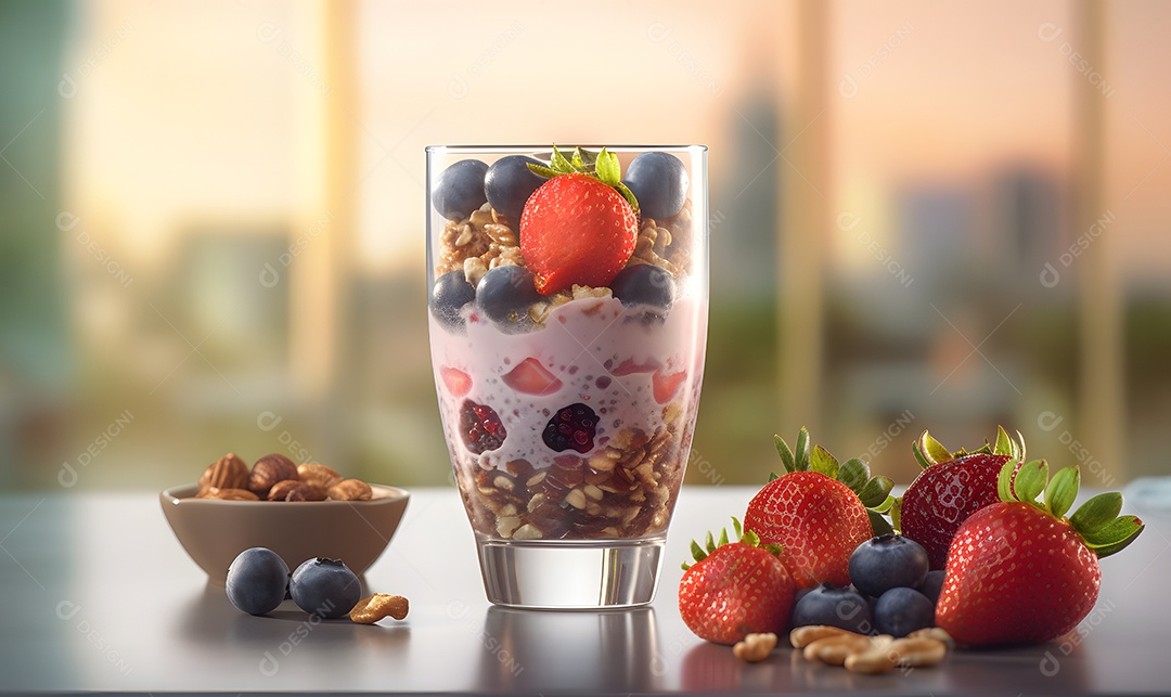 Copo de vidro salada de frutas sobre uma mesa de madeira