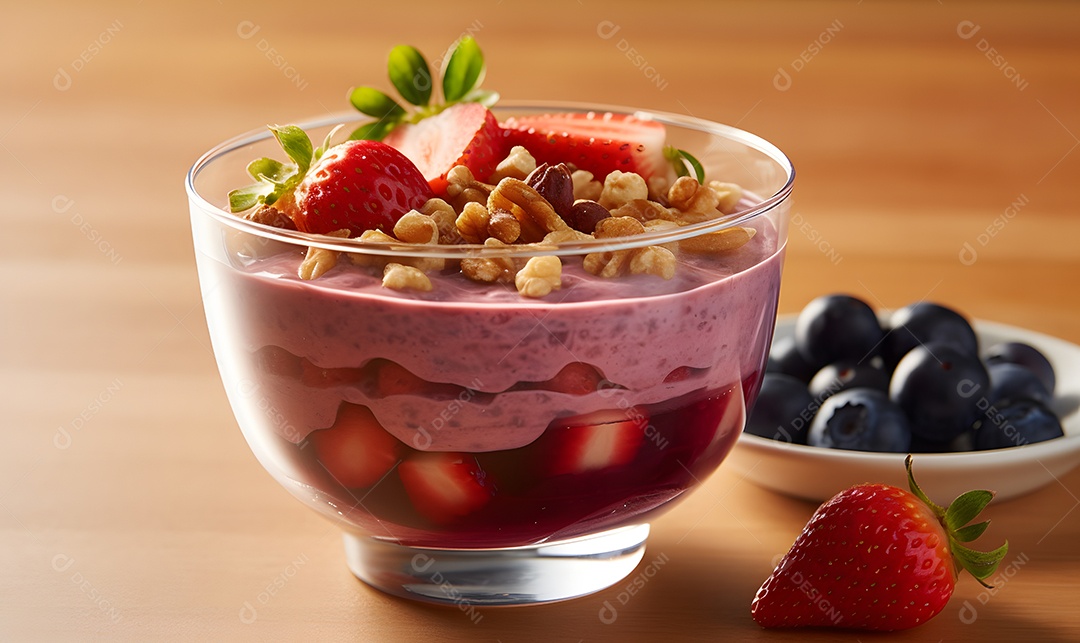 Copo de vidro salada de frutas sobre uma mesa de madeira