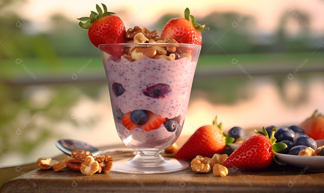 Copo de vidro salada de frutas sobre uma mesa de madeira