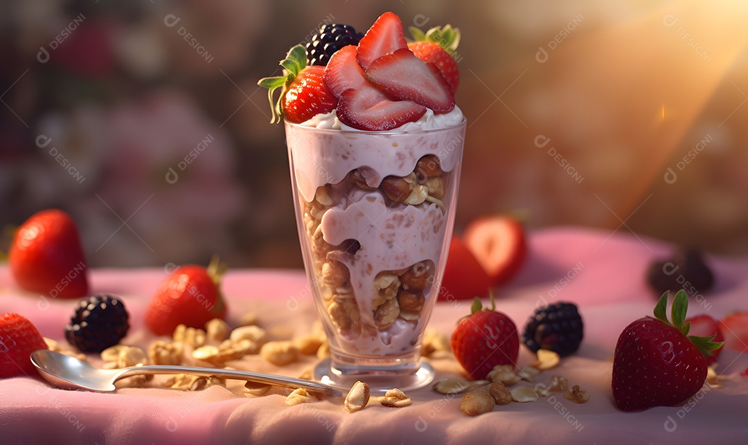 Copo de vidro salada de frutas sobre uma mesa de madeira